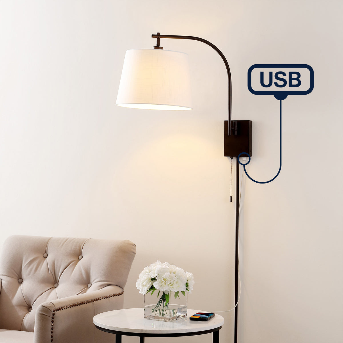 Solaris 22.5" Mid-Century Modern Plug-In or Hardwired Iron LED Gooseneck Swing Arm Wall Sconce with Pull-Chain and USB Charging Port
