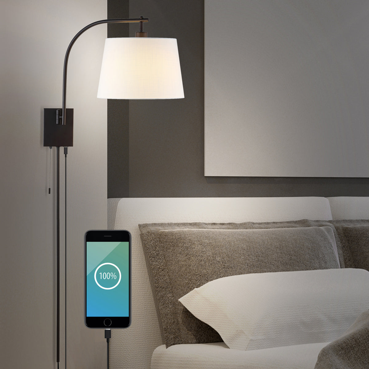 Solaris 22.5" Mid-Century Modern Plug-In or Hardwired Iron LED Gooseneck Swing Arm Wall Sconce with Pull-Chain and USB Charging Port