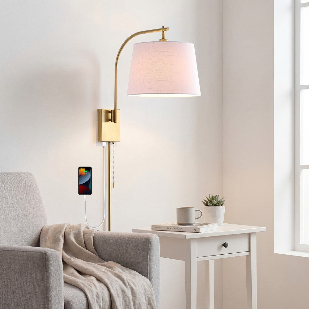 Solaris 22.5" Mid-Century Modern Plug-In or Hardwired Iron LED Gooseneck Swing Arm Wall Sconce with Pull-Chain and USB Charging Port