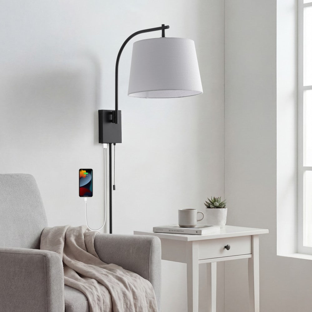 Solaris 22.5" Mid-Century Modern Plug-In or Hardwired Iron LED Gooseneck Swing Arm Wall Sconce with Pull-Chain and USB Charging Port