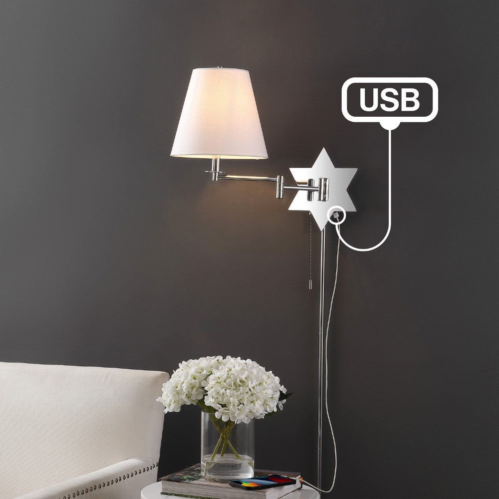 Howe 18.5" Modern French Country Swing Arm Plug-In or Hardwired Iron LED Star Wall Sconce with Pull-Chain and USB Charging Port