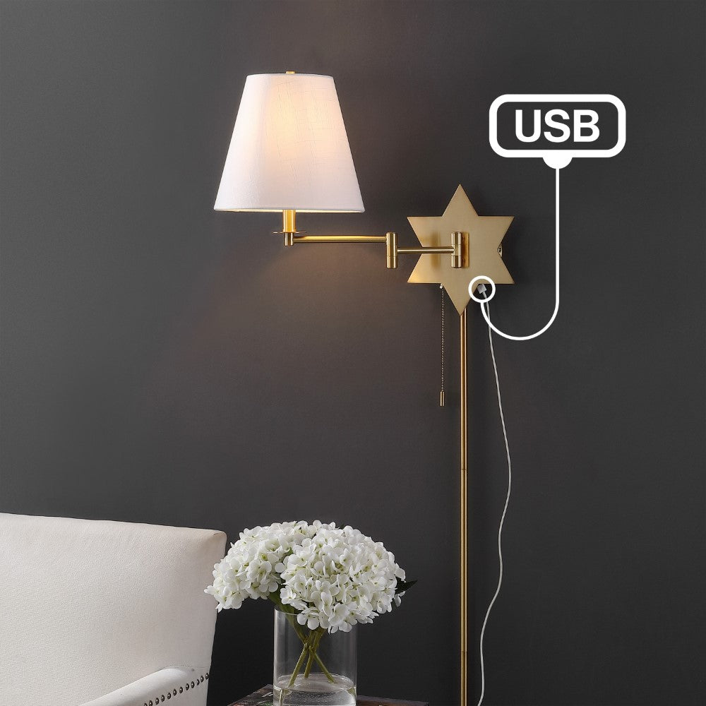 Howe 18.5" Modern French Country Swing Arm Plug-In or Hardwired Iron LED Star Wall Sconce with Pull-Chain and USB Charging Port