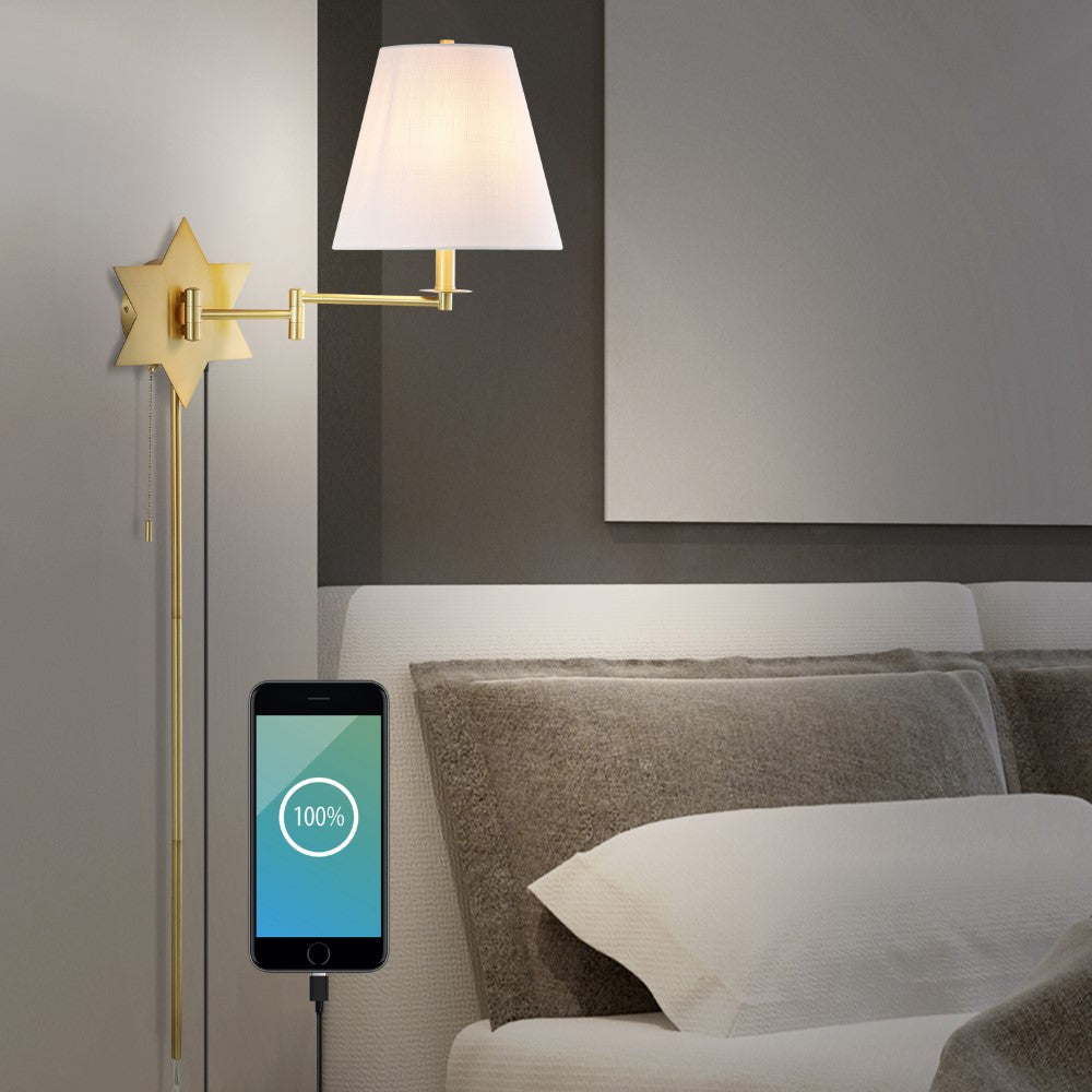 Howe 18.5" Modern French Country Swing Arm Plug-In or Hardwired Iron LED Star Wall Sconce with Pull-Chain and USB Charging Port