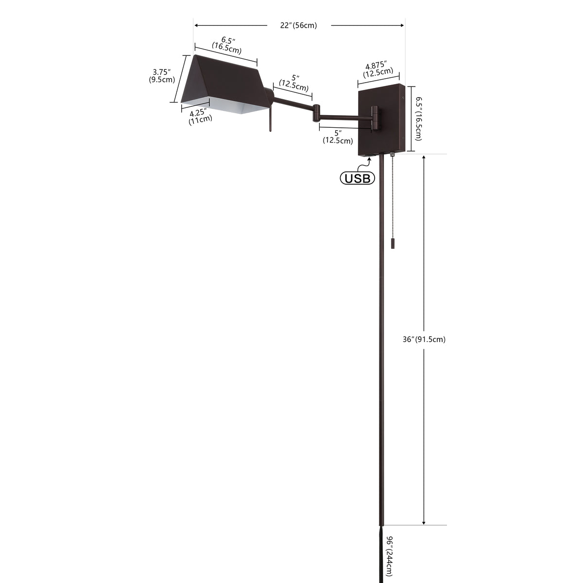 Davis Farmhouse Industrial Single Swing Arm Plug-In or Hardwired Iron LED Wall Sconce with Pull-Chain