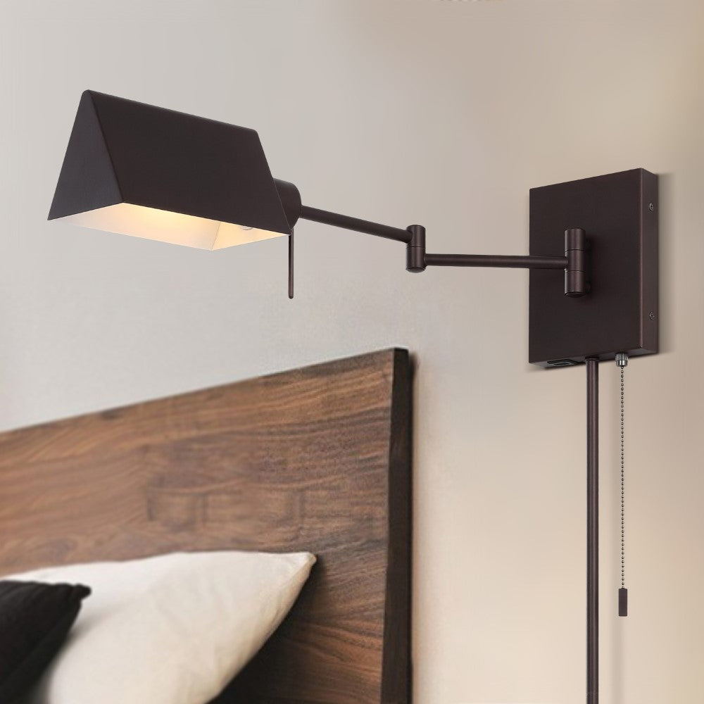 Davis Farmhouse Industrial Single Swing Arm Plug-In or Hardwired Iron LED Wall Sconce with Pull-Chain