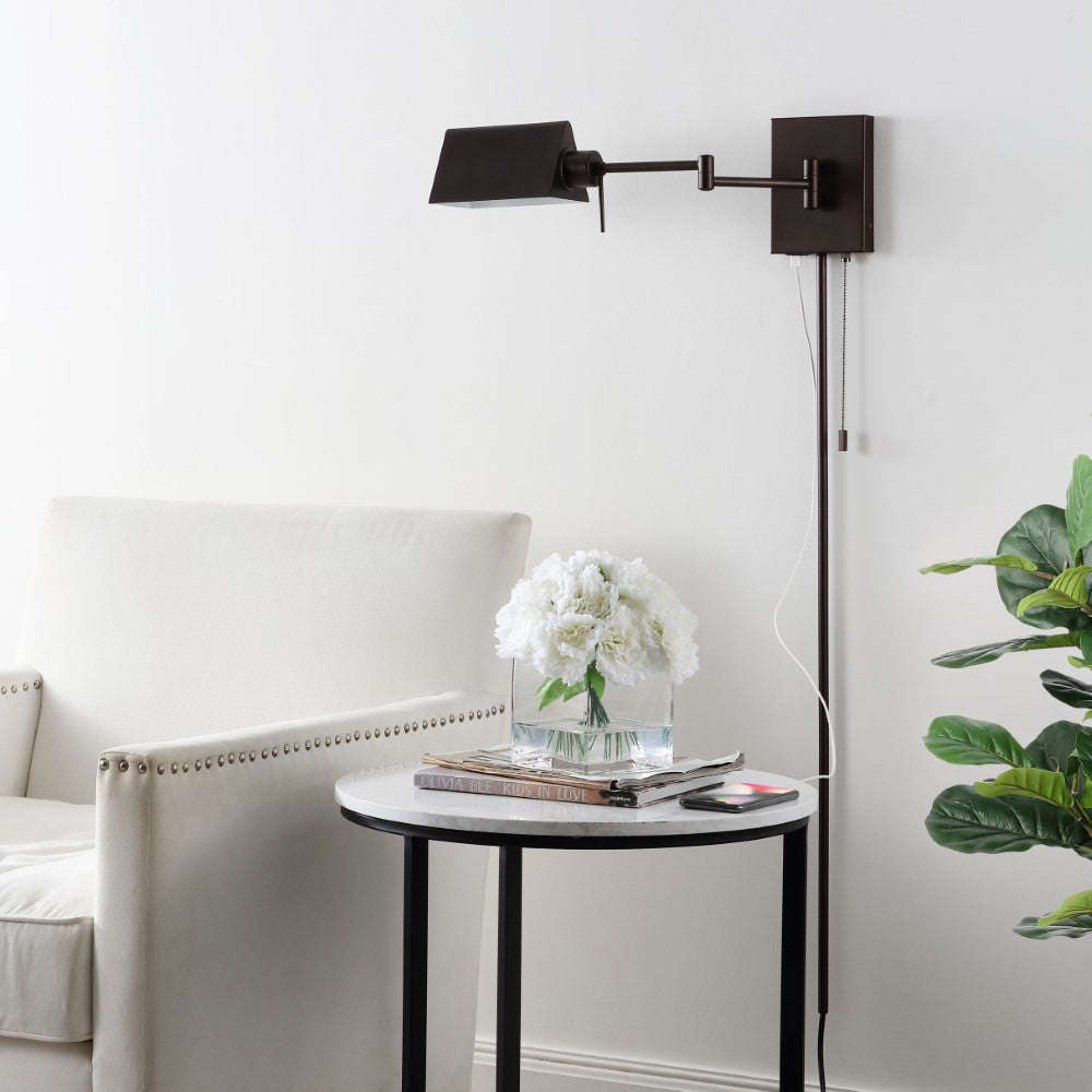 Davis Farmhouse Industrial Single Swing Arm Plug-In or Hardwired Iron LED Wall Sconce with Pull-Chain