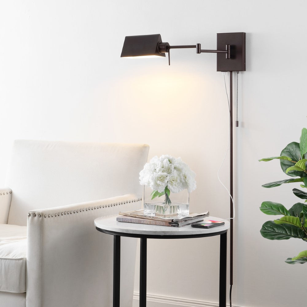 Davis Farmhouse Industrial Single Swing Arm Plug-In or Hardwired Iron LED Wall Sconce with Pull-Chain