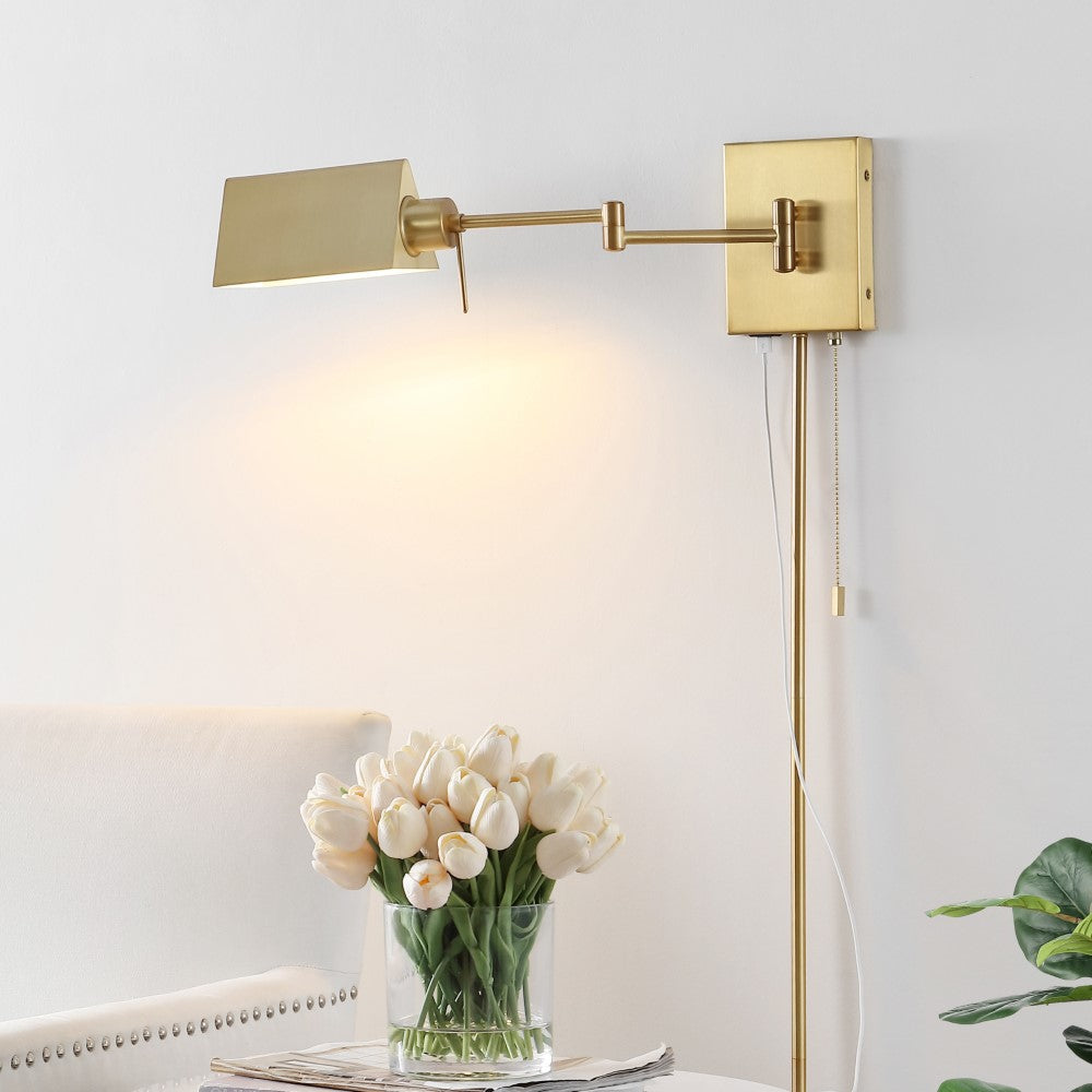 Davis Farmhouse Industrial Single Swing Arm Plug-In or Hardwired Iron LED Wall Sconce with Pull-Chain