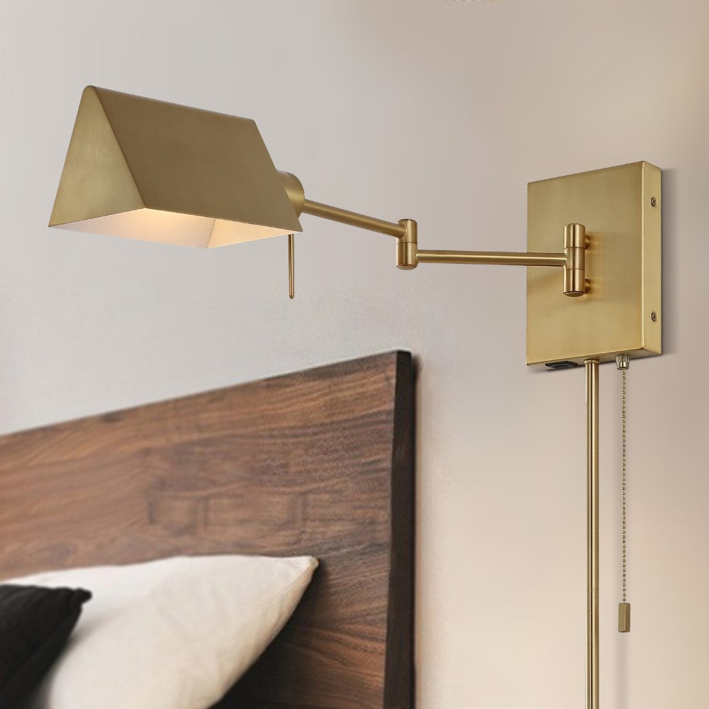 Davis Farmhouse Industrial Single Swing Arm Plug-In or Hardwired Iron LED Wall Sconce with Pull-Chain