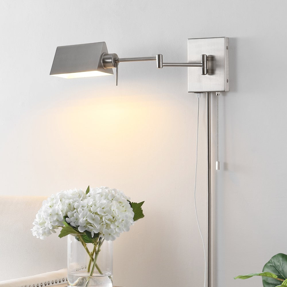 Davis Farmhouse Industrial Single Swing Arm Plug-In or Hardwired Iron LED Wall Sconce with Pull-Chain
