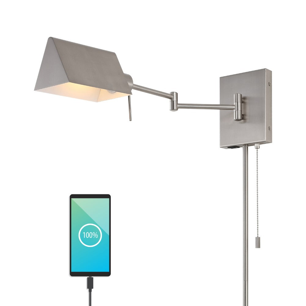Davis Farmhouse Industrial Single Swing Arm Plug-In or Hardwired Iron LED Wall Sconce with Pull-Chain