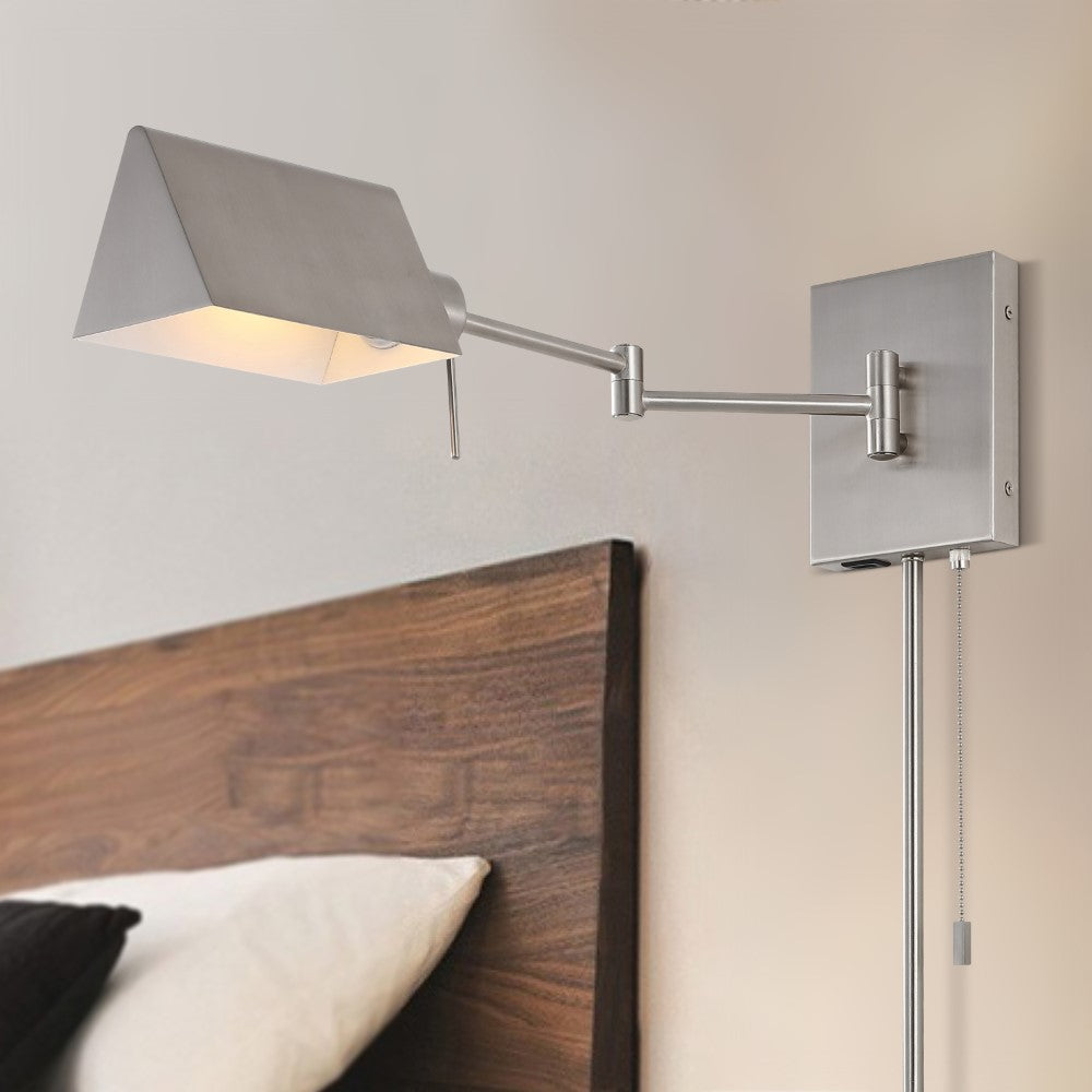 Davis Farmhouse Industrial Single Swing Arm Plug-In or Hardwired Iron LED Wall Sconce with Pull-Chain