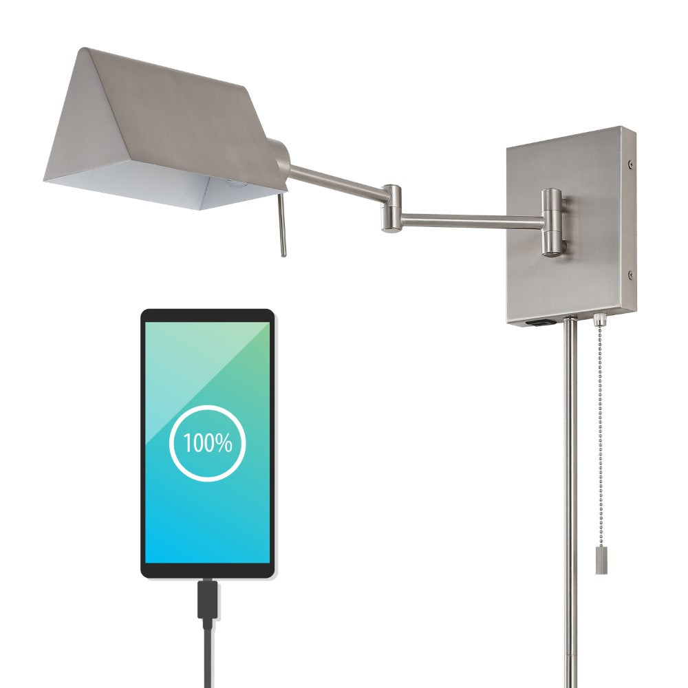 Davis Farmhouse Industrial Single Swing Arm Plug-In or Hardwired Iron LED Wall Sconce with Pull-Chain