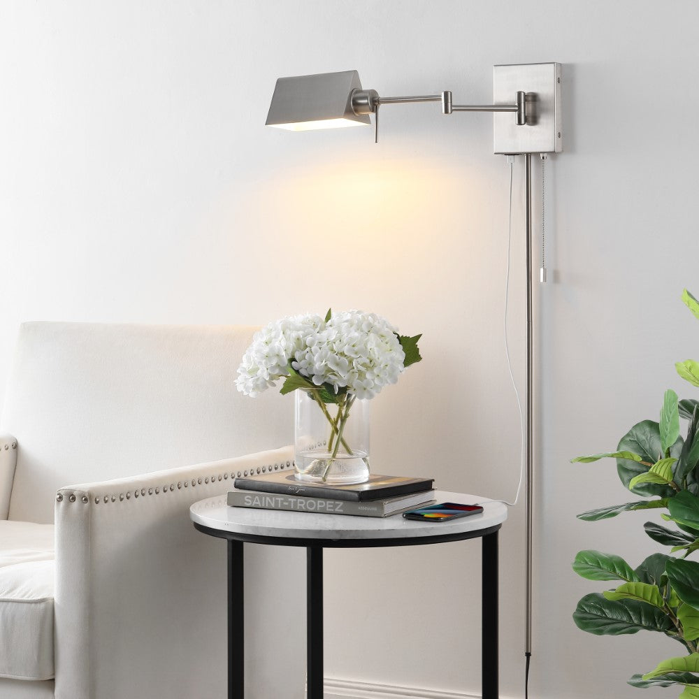 Davis Farmhouse Industrial Single Swing Arm Plug-In or Hardwired Iron LED Wall Sconce with Pull-Chain