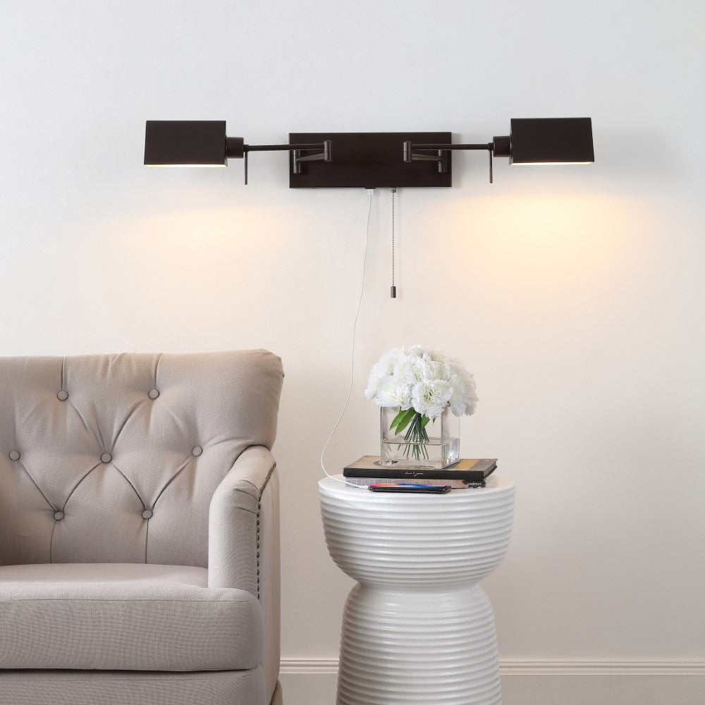 Davis Farmhouse Industrial Single Swing Arm Plug-In or Hardwired Iron LED Wall Sconce with Pull-Chain