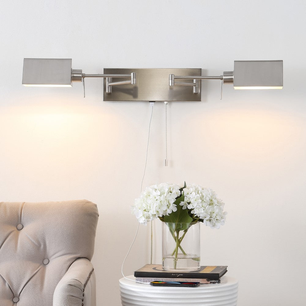 Davis Farmhouse Industrial Single Swing Arm Plug-In or Hardwired Iron LED Wall Sconce with Pull-Chain