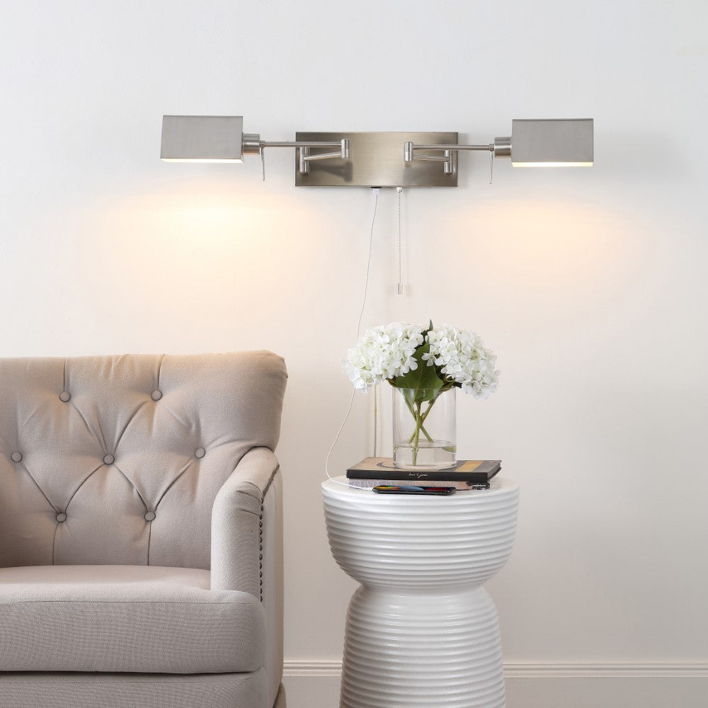 Davis Farmhouse Industrial Single Swing Arm Plug-In or Hardwired Iron LED Wall Sconce with Pull-Chain