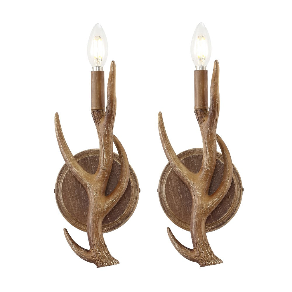 European 5.5" 1-Light Southwestern Bohemian Resin/Iron Faux Antler LED Sconce Set 2