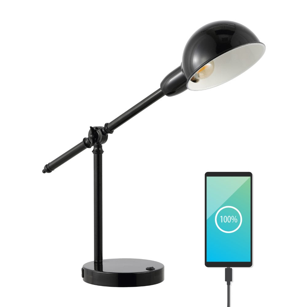 Liam 20.25" Vintage Industrial Iron Adjustable Dome Shade LED Task Lamp with USB Charging Port