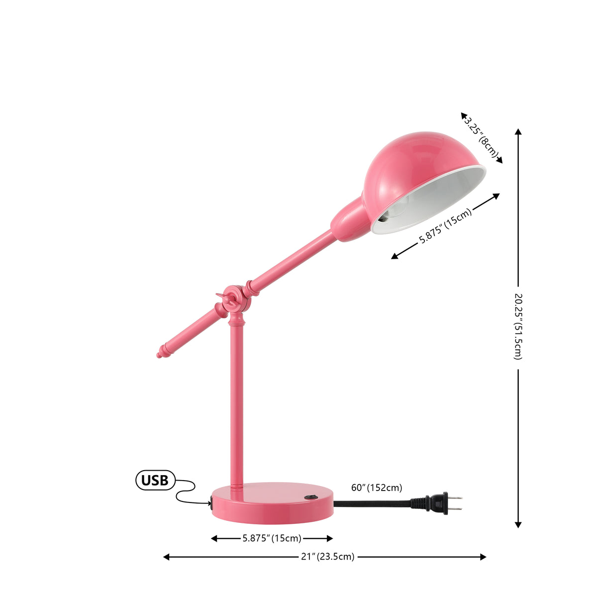 Liam 20.25" Vintage Industrial Iron Adjustable Dome Shade LED Task Lamp with USB Charging Port