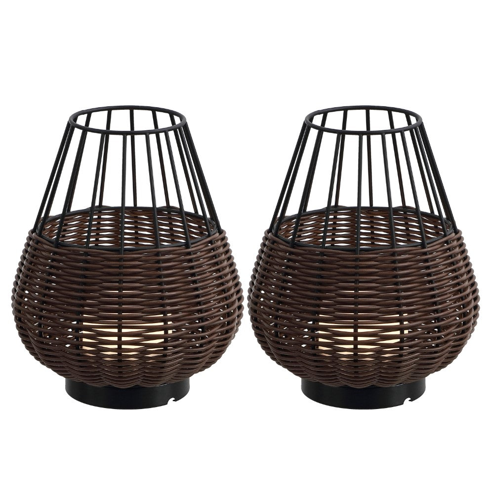 Lyra 10" Modern Rustic Decorative Indoor/Outdoor Faux Wicker Rechargeable/Cordless Dimmable Integrated LED Table Lamp, Set of 2