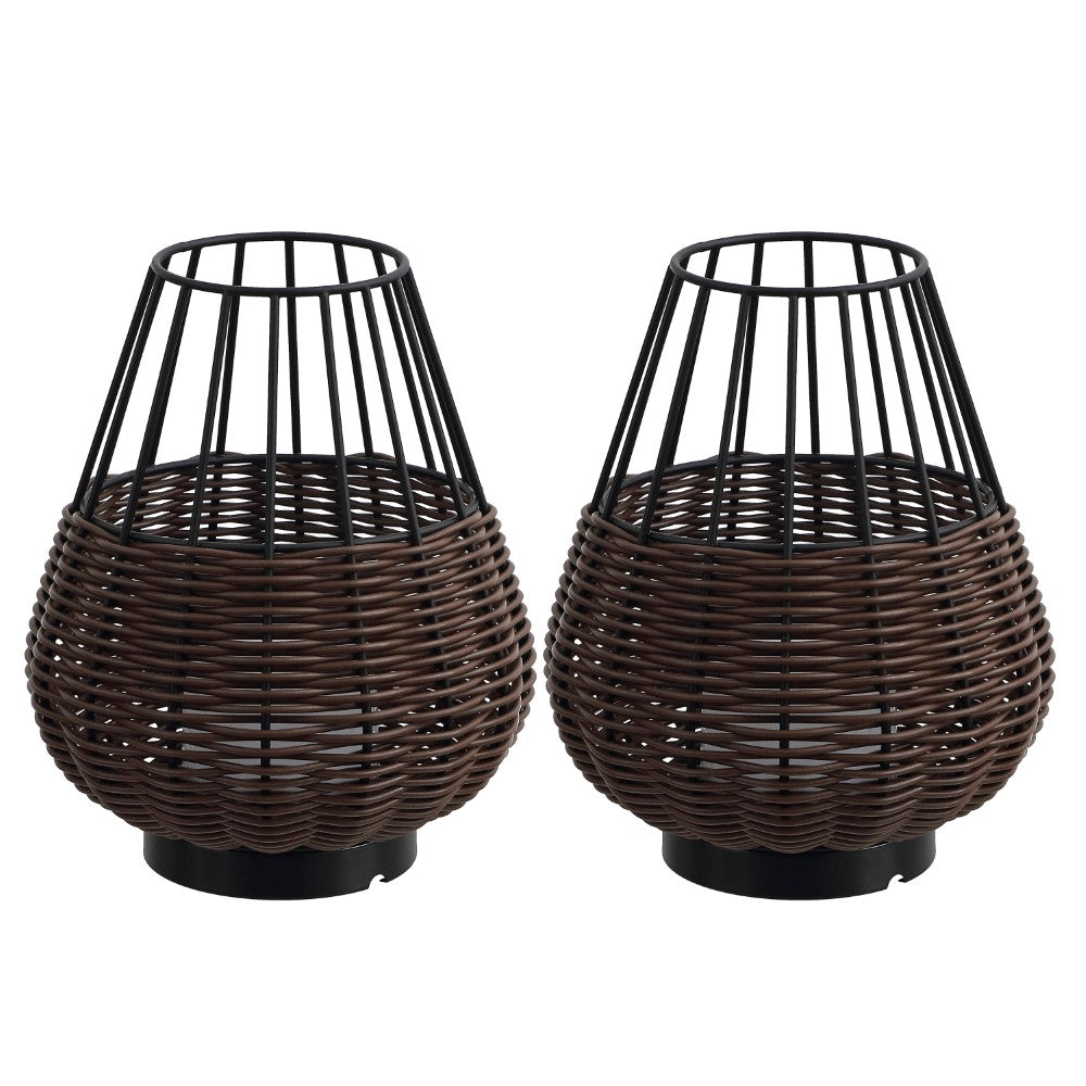 Lyra 10" Modern Rustic Decorative Indoor/Outdoor Faux Wicker Rechargeable/Cordless Dimmable Integrated LED Table Lamp, Set of 2