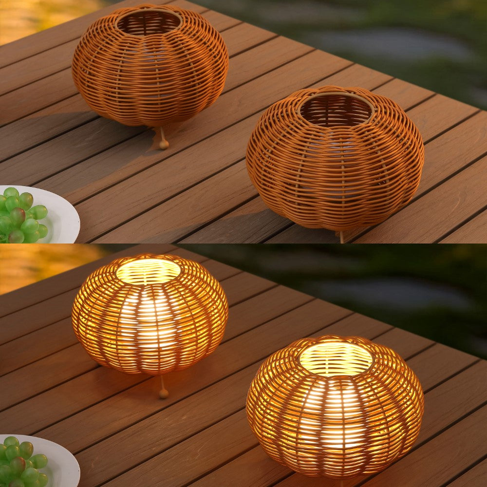 Garner 5.75" Modern Bohemian Indoor/Outdoor Faux Rattan Lantern Rechargeable/Cordless Dimmable Integrated LED Table Lamp Set 2