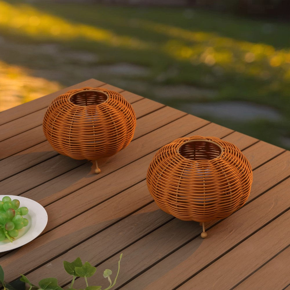Garner 5.75" Modern Bohemian Indoor/Outdoor Faux Rattan Lantern Rechargeable/Cordless Dimmable Integrated LED Table Lamp Set 2