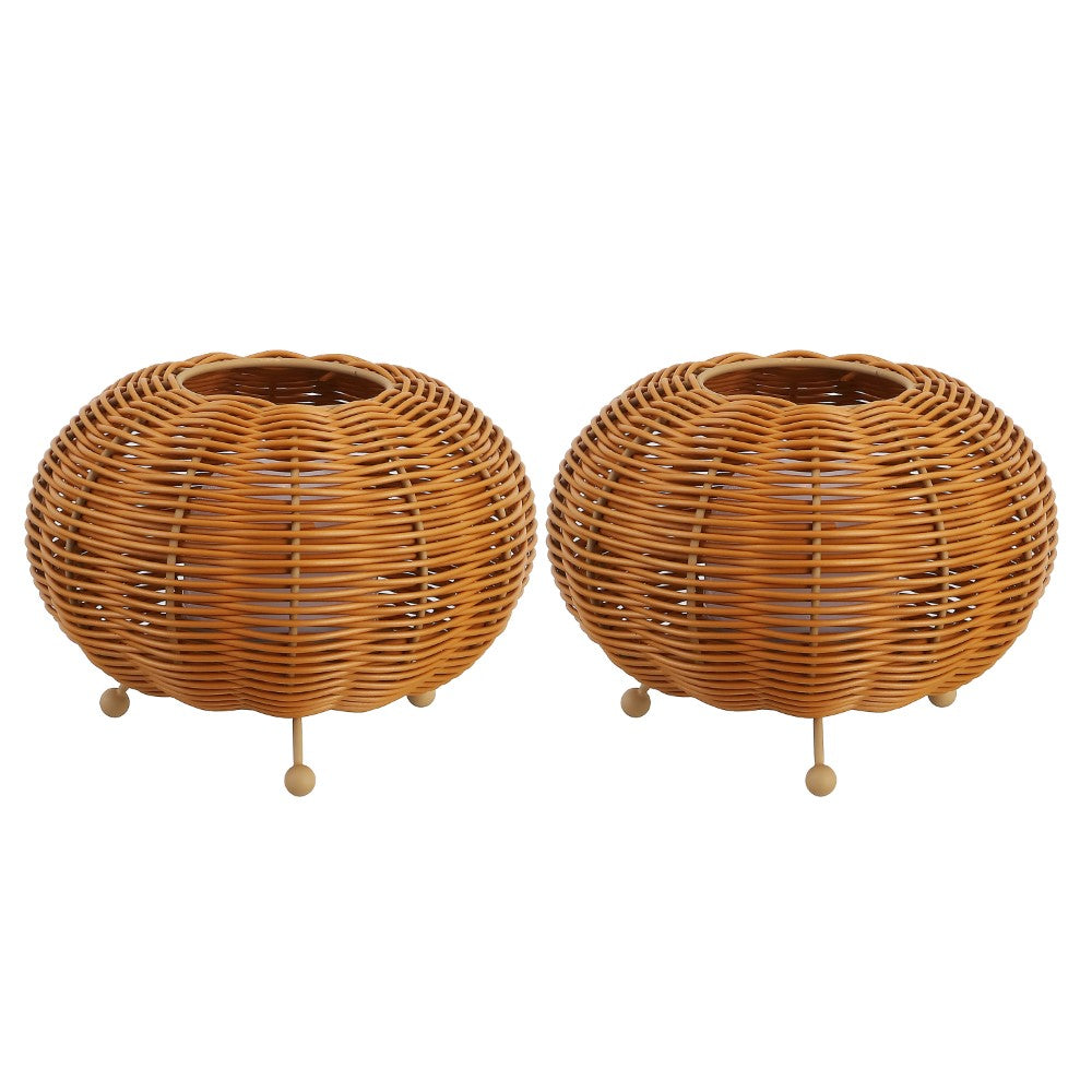 Garner 5.75" Modern Bohemian Indoor/Outdoor Faux Rattan Lantern Rechargeable/Cordless Dimmable Integrated LED Table Lamp Set 2