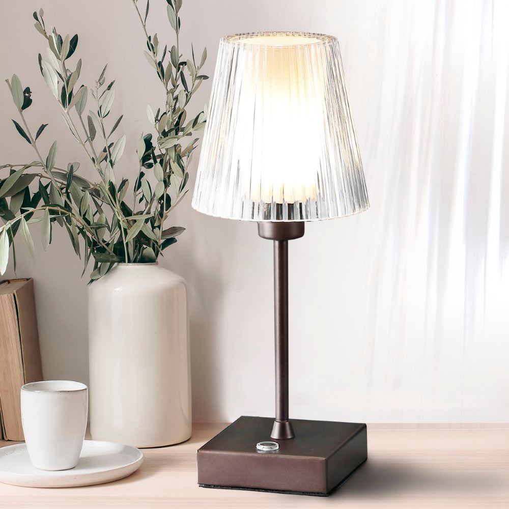Ariston Modern Industrial Rechargeable/Cordless Iron/Acrylic Integrated LED Table Lamp with Ribbed Shade