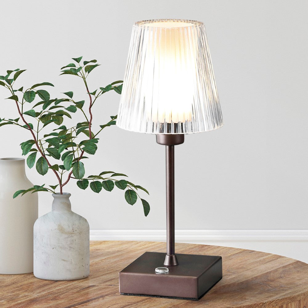 Ariston Modern Industrial Rechargeable/Cordless Iron/Acrylic Integrated LED Table Lamp with Ribbed Shade