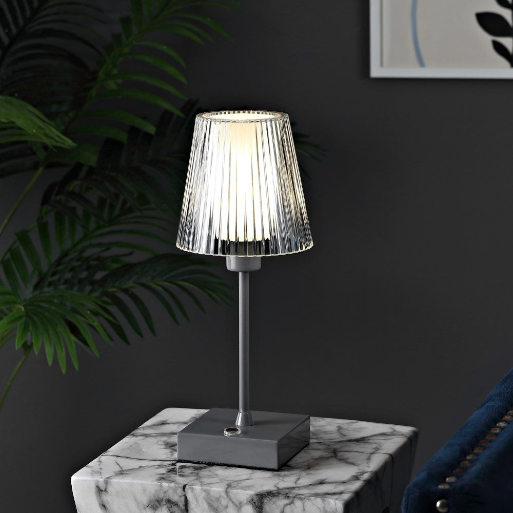 Ariston Modern Industrial Rechargeable/Cordless Iron/Acrylic Integrated LED Table Lamp with Ribbed Shade