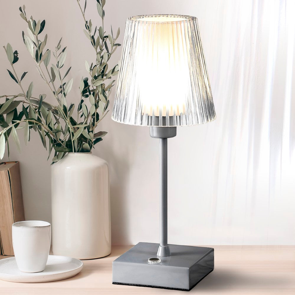 Ariston Modern Industrial Rechargeable/Cordless Iron/Acrylic Integrated LED Table Lamp with Ribbed Shade