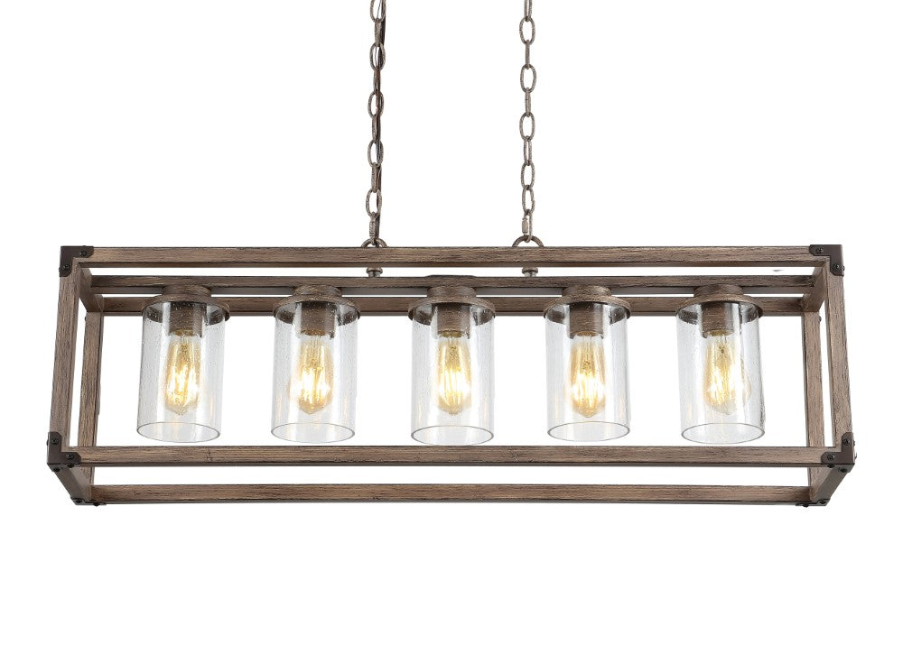 Alica 36" 5-Light Linear Adjustable Iron/Seeded Glass Rustic Farmhouse LED Pendant