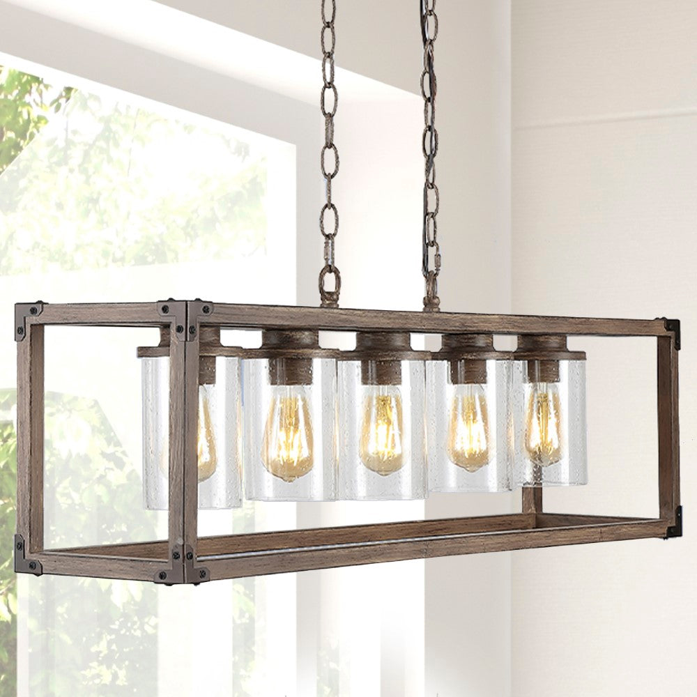 Alica 36" 5-Light Linear Adjustable Iron/Seeded Glass Rustic Farmhouse LED Pendant
