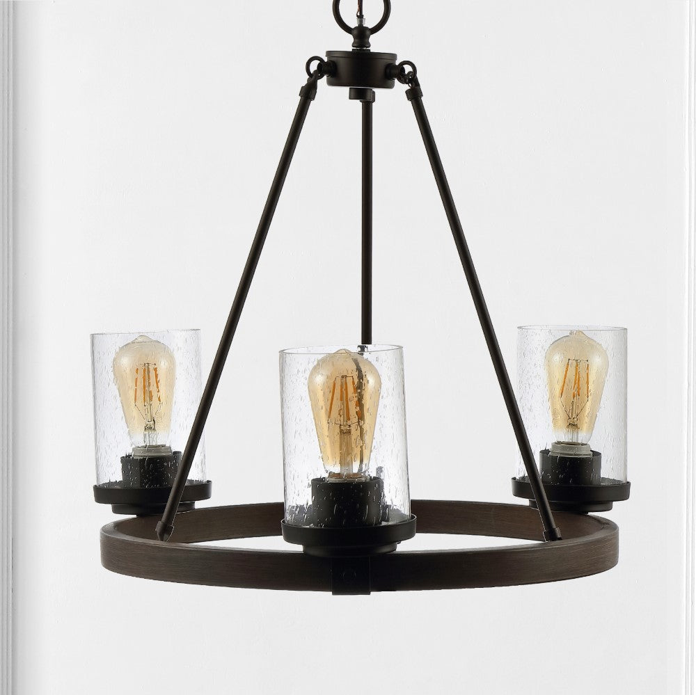 Quaddick 20" 3-Light Iron/Seeded Glass Rustic Farmhouse LED Chandelier