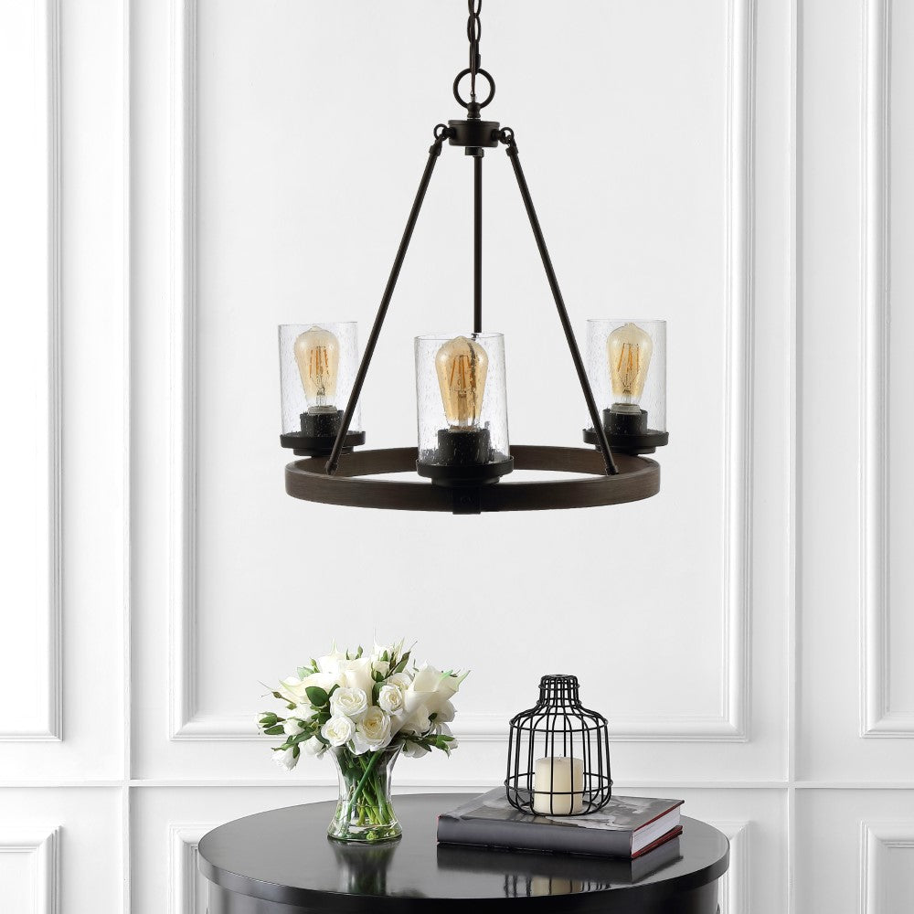 Quaddick 20" 3-Light Iron/Seeded Glass Rustic Farmhouse LED Chandelier