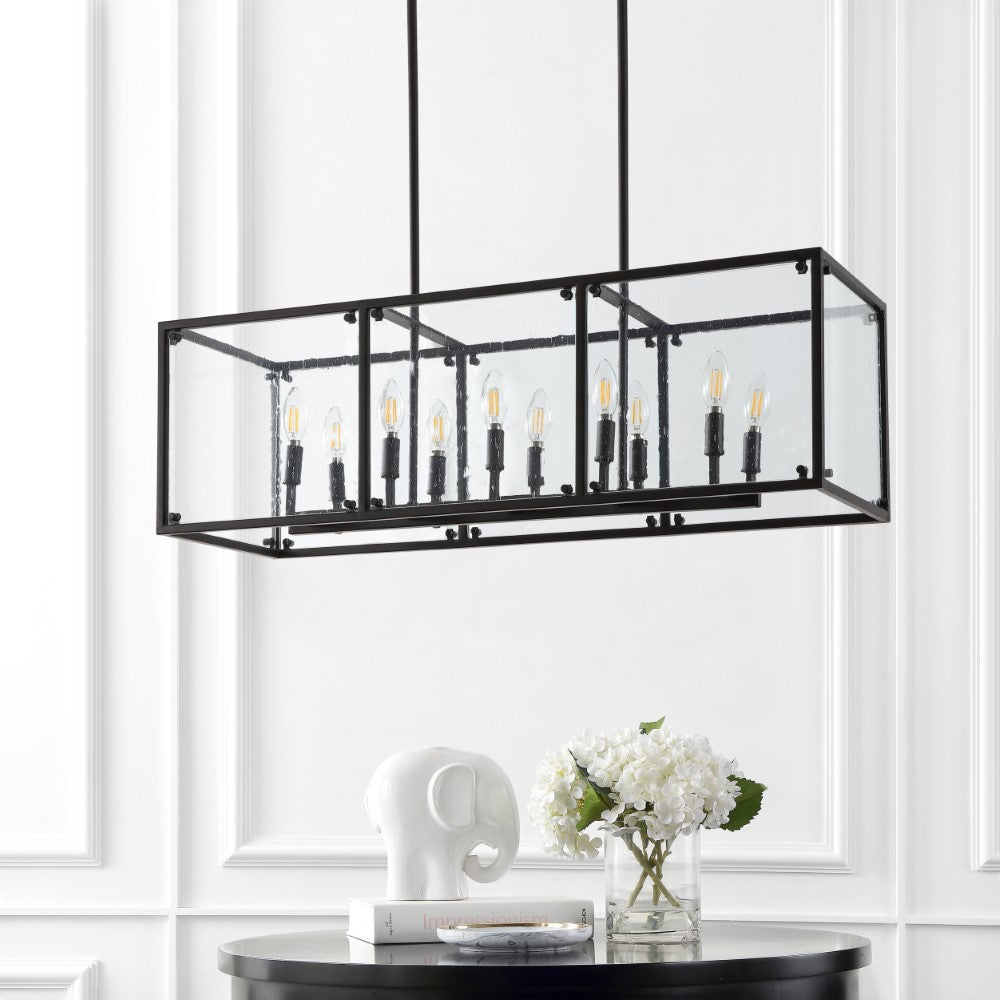 Lums 35" Linear 10-Light Adjustable Iron/Seeded Glass Rustic Farmhouse LED Pendant