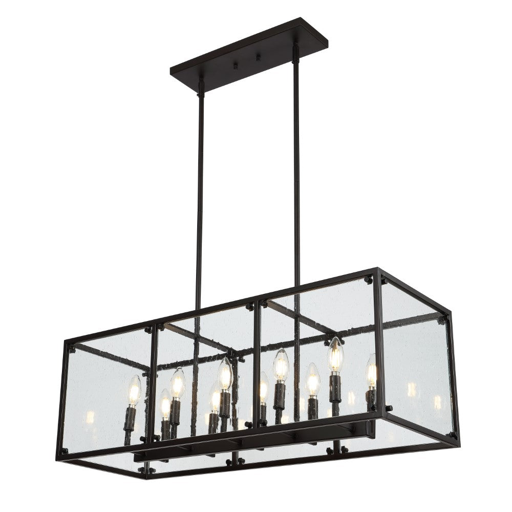 Lums 35" Linear 10-Light Adjustable Iron/Seeded Glass Rustic Farmhouse LED Pendant