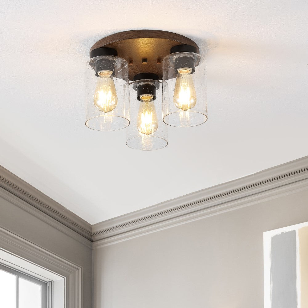 Sandra 13" Bohemian Farmhouse Iron/Seeded Glass LED Semi Flush Mount