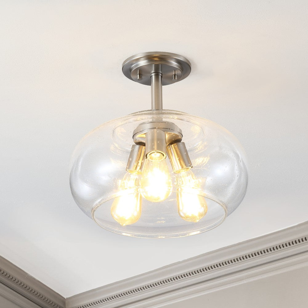 Clark 13.75" Modern Industrial Iron/Seeded Glass LED Semi Flush Mount
