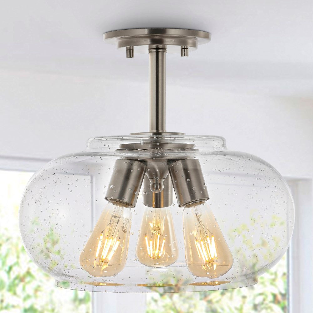 Clark 13.75" Modern Industrial Iron/Seeded Glass LED Semi Flush Mount