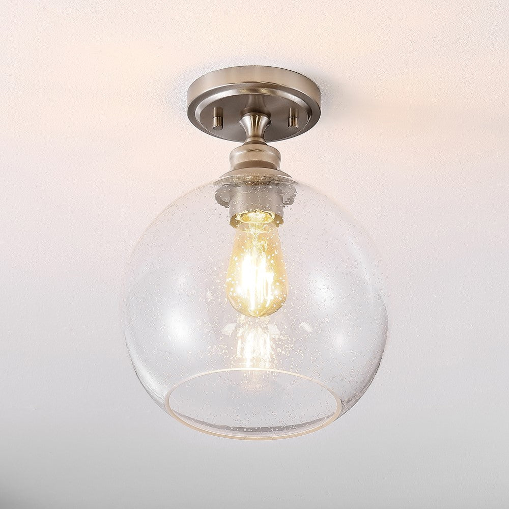 Gwen 9.75" Bohemian Farmhouse Iron/Seeded Glass LED Semi Flush Mount