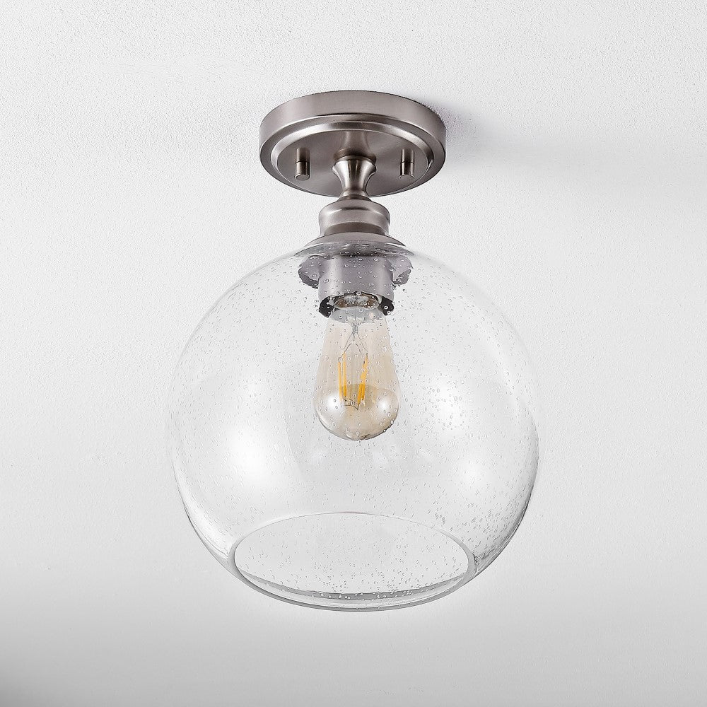 Gwen 9.75" Bohemian Farmhouse Iron/Seeded Glass LED Semi Flush Mount