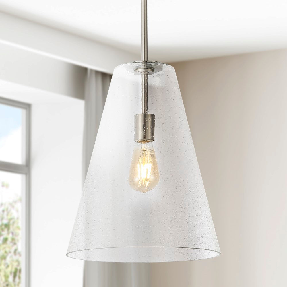 Cone 11.5" Mid-Century Modern Iron/Seeded Glass LED Pendant