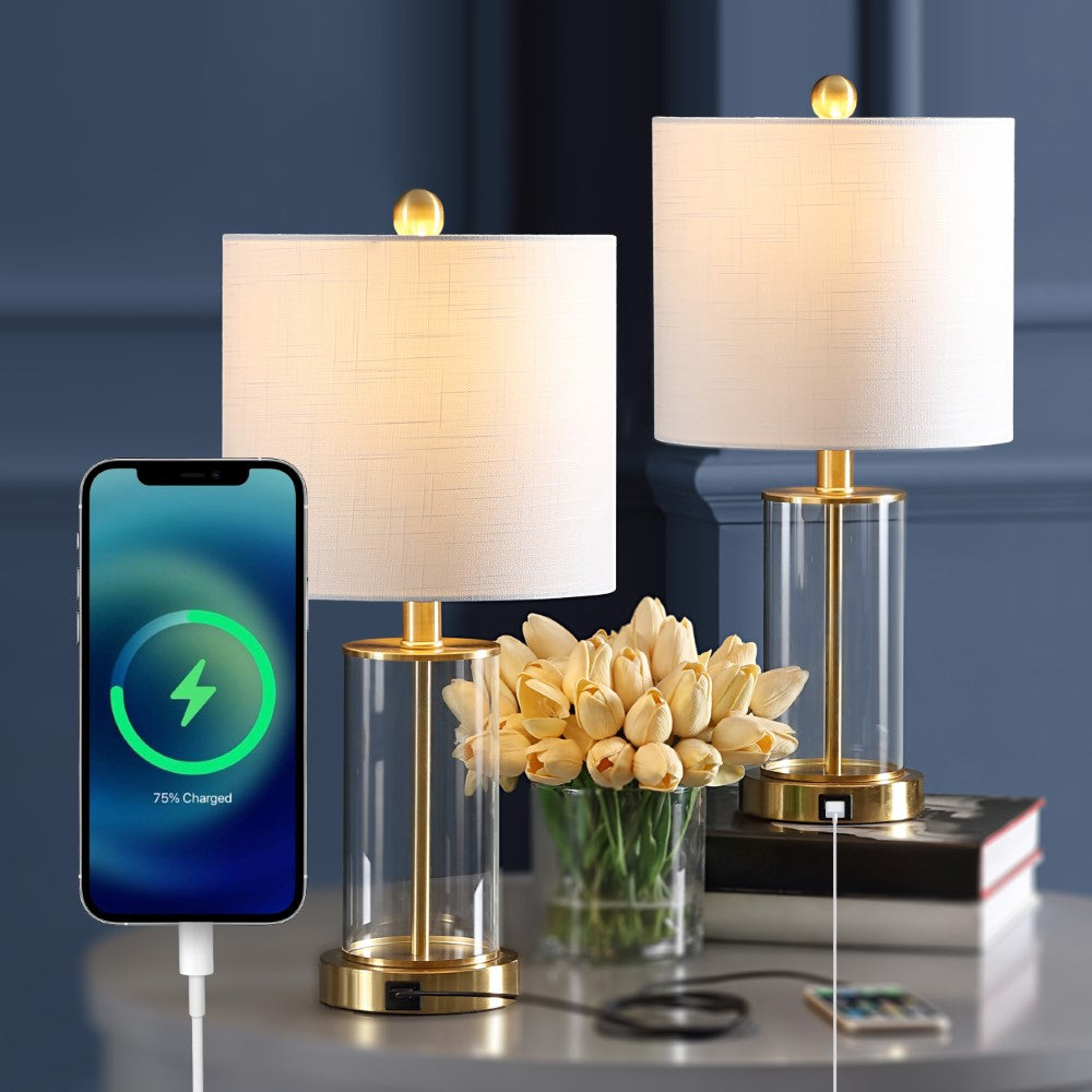 Eprif 21" Glass Modern Contemporary USB Charging LED Table Lamp, Set of 2