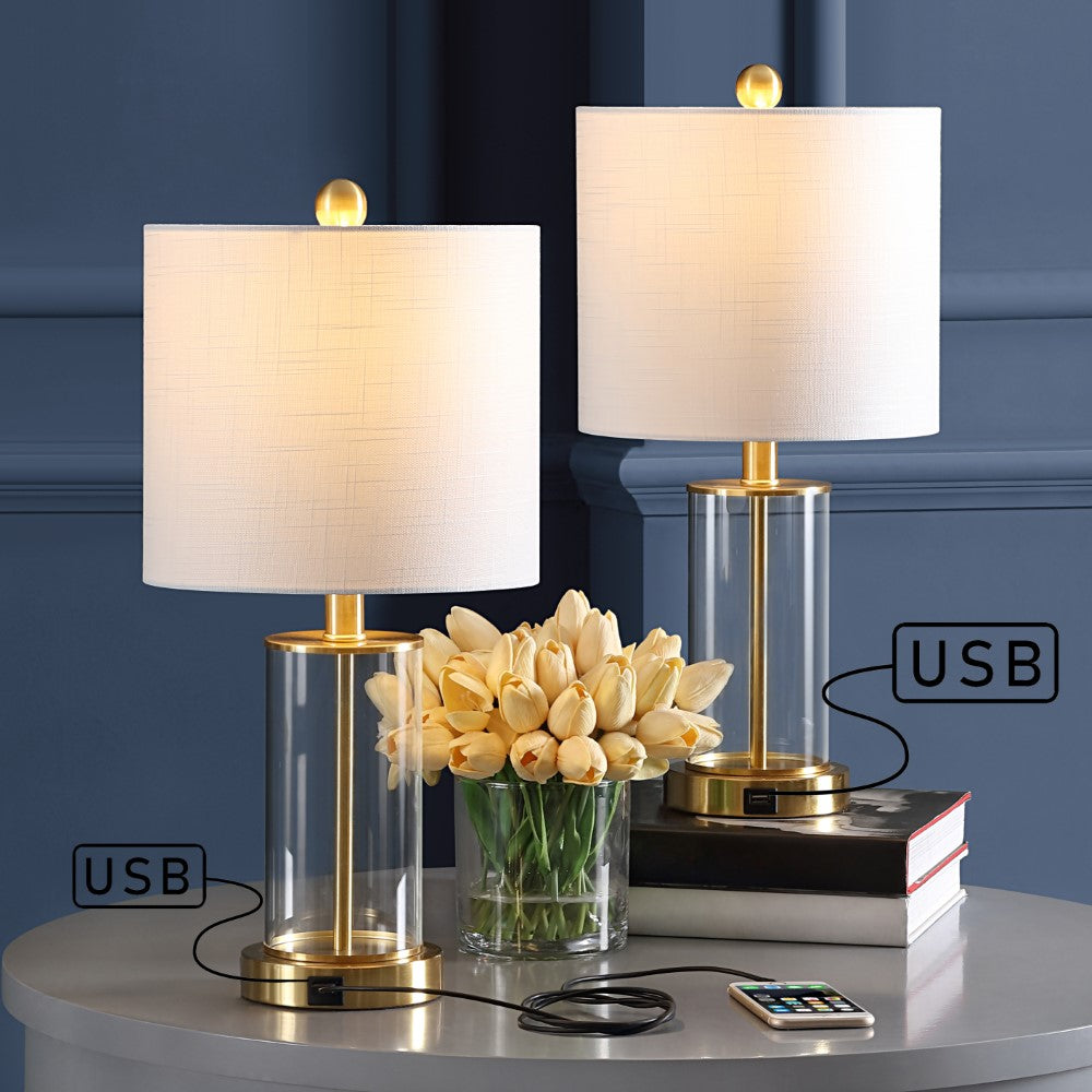 Eprif 21" Glass Modern Contemporary USB Charging LED Table Lamp, Set of 2