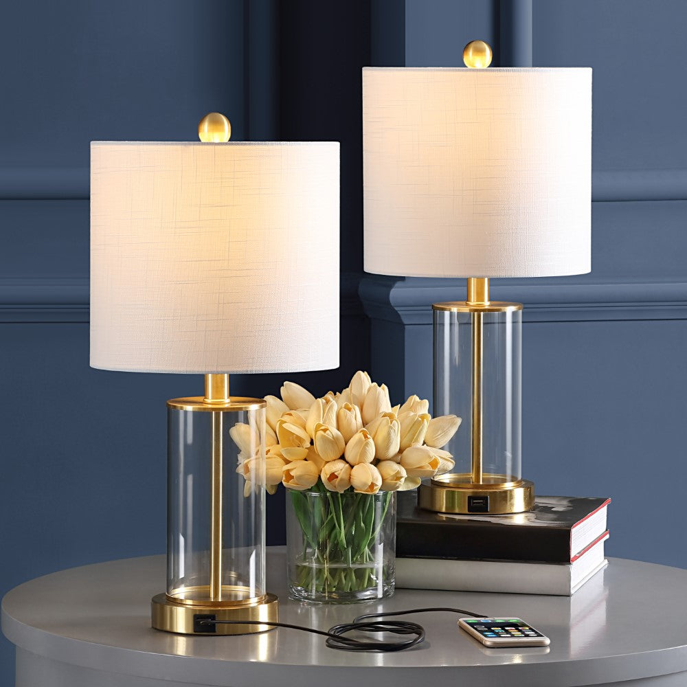 Eprif 21" Glass Modern Contemporary USB Charging LED Table Lamp, Set of 2