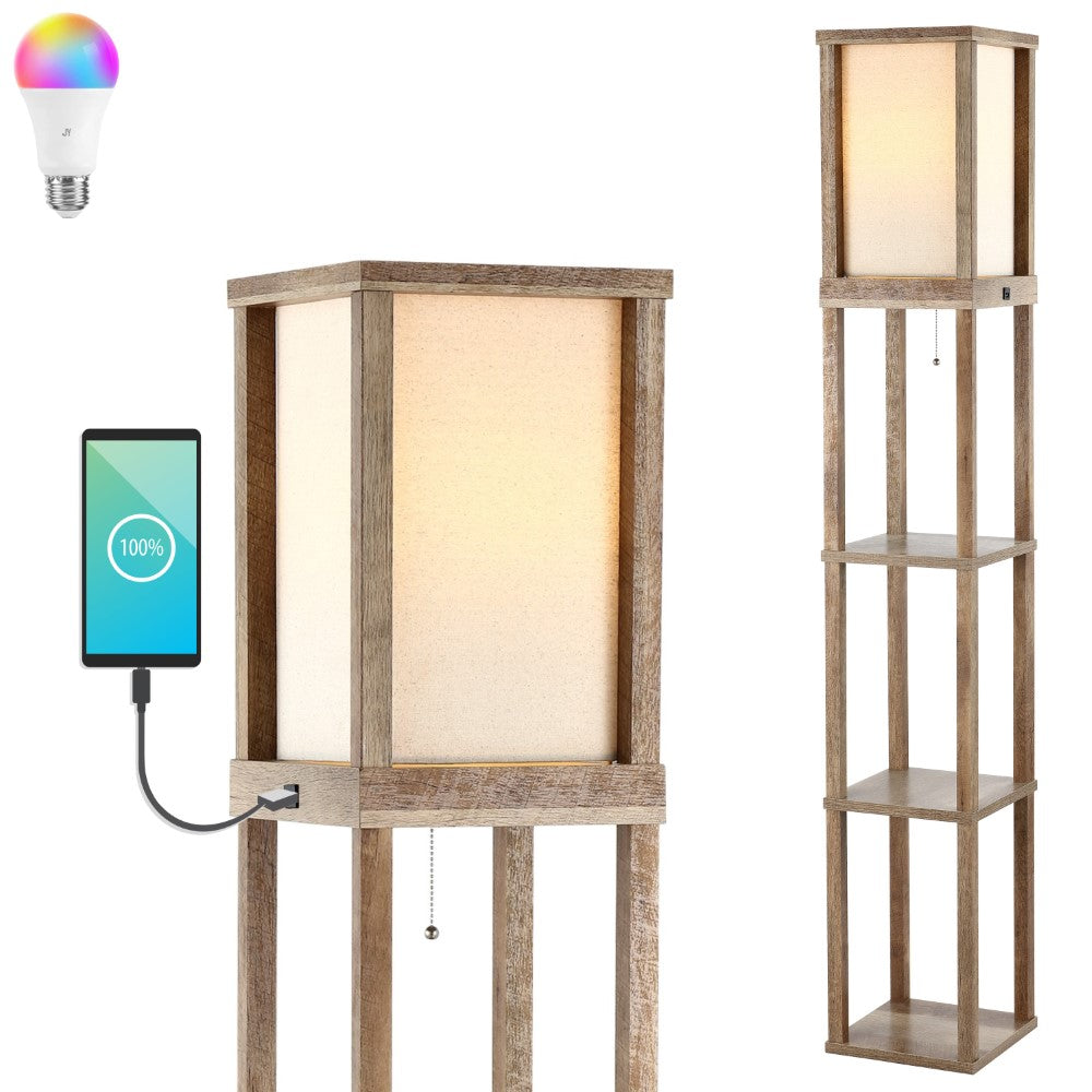 Ouch 63.5" Rustic Bohemian Wooden LED 3-Shelf Floor Lamp with Pull-Chain