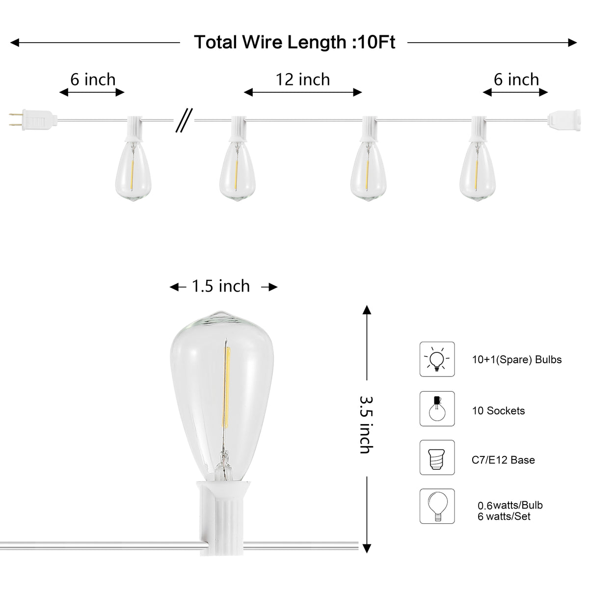 Fergo 10-Light Indoor/Outdoor 10 ft. Rustic Industrial Incandescent C7 Half-Chrome Bulb String Lights